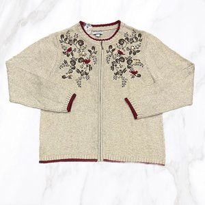 NWOT Croft & Barrow‎ Silk Blend Embroidered Cardinal Full-Zip Cardigan, Size L